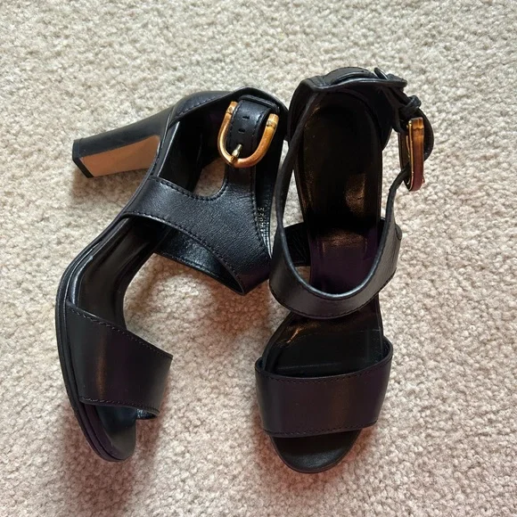 Gucci Black Leather Ankle-Strap Heeled Sandals with Gold Buckles